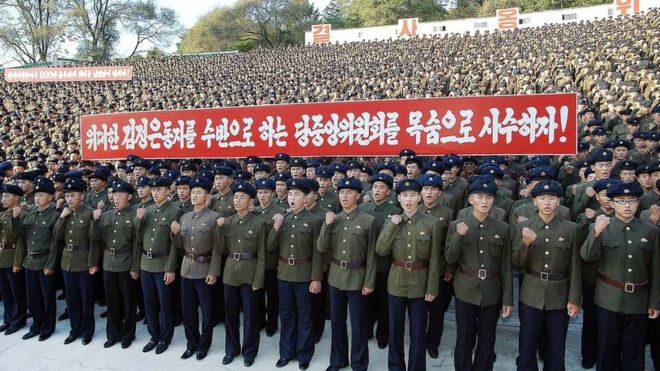 Demonstrasi anti-AS massal di Pyongyang, Sabtu (23/9). Foto (AFP/KCNA Via KNS/BBC News)