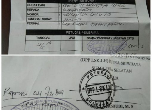Surat tanda terima berkas yang diserahkan Ormas Sriwijaya, ke Bareskrim Mabes Polri. (Foto: Dok Ormas Sriwijaya)