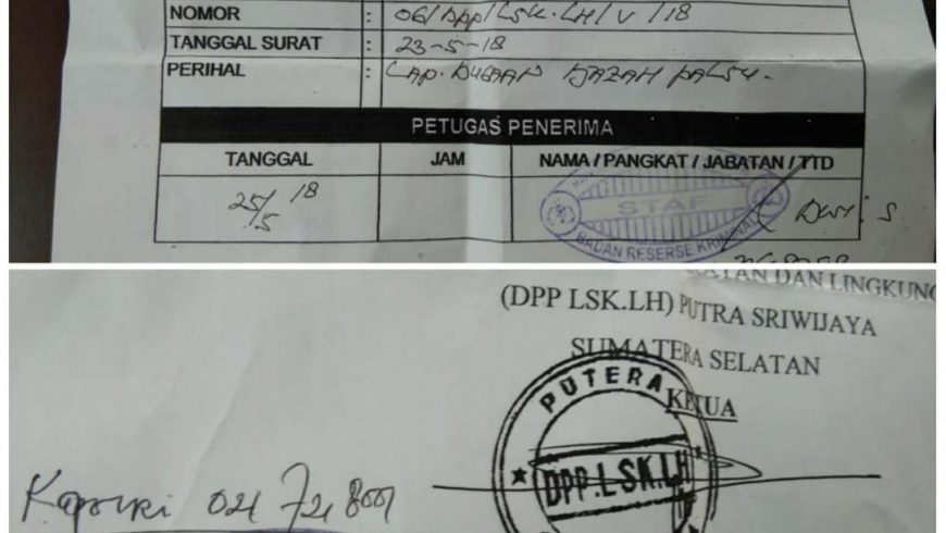 Surat tanda terima berkas yang diserahkan Ormas Sriwijaya, ke Bareskrim Mabes Polri. (Foto: Dok Ormas Sriwijaya)