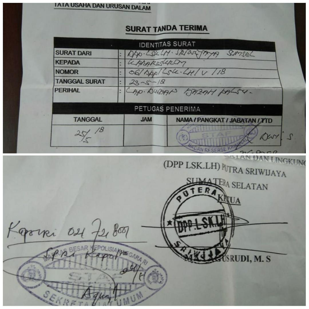 Surat tanda terima berkas yang diserahkan Ormas Sriwijaya, ke Bareskrim Mabes Polri. (Foto: Dok Ormas Sriwijaya)