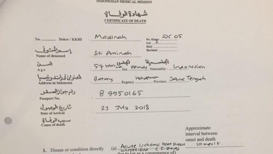 Salah satu surat keterangan kematian (certificate of death) yang dikeluarkan Kantor Kesehatan Haji Indonesia (KKHI). (Foto: https://kemenag.go.id)