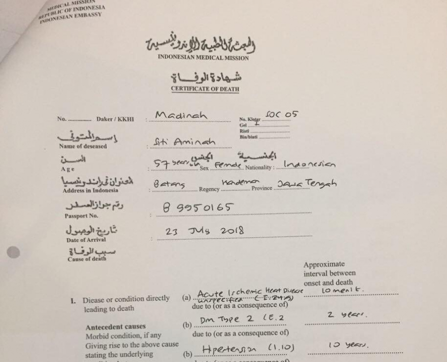 Salah satu surat keterangan kematian (certificate of death) yang dikeluarkan Kantor Kesehatan Haji Indonesia (KKHI). (Foto: https://kemenag.go.id)