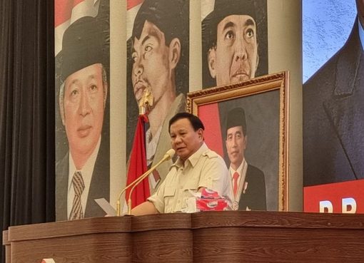 Ketua Umum Partai Gerindra Prabowo Subianto saat memberikan sambutannya di Jakarta International Velodrome, Jakarta Timur (Jaktim), Minggu (16/7/2023).