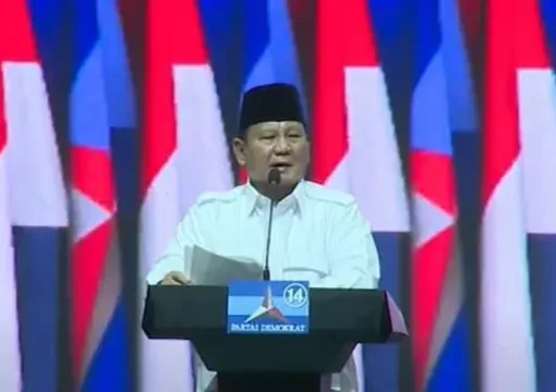 Ketua Umum (Ketum) Partai Gerindra Prabowo Subianto saat menghadiri acara deklarasi capres Partai Demokrat di JCC, Senayan, Jakarta, Kamis (21/9/2023).
