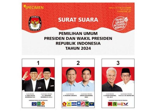 Pasangan nomor urut dua Prabowo-Gibran mengenakan kemeja biru muda dalam foto di surat suara Pilpres 2024.
