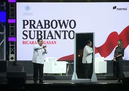 Prabowo Subianto di acara 'Mata Najwa On Stage: 3 Bacapres Bicara Gagasan' di Graha Sabha Pramana Universitas Gadjah Mada (UGM), Yogyakarta pada Selasa (19/9/2023) malam.