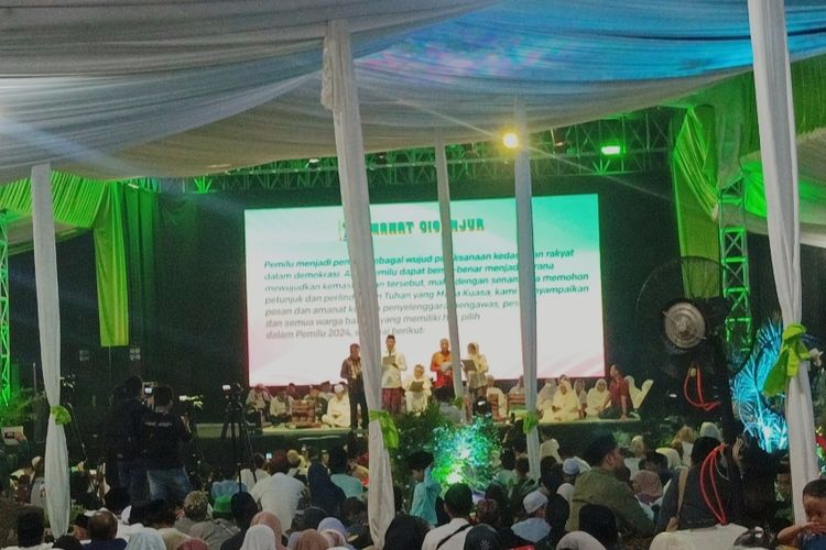 Pembacaan lima poin pernyataan Amanat Ciganjur di acara Peringatan haul ke-14 KH Abdurrahman Wahid (Gus Dur) yang digelar di Ciganjur, Jakarta Selatan, pada Sabtu (16/12/2023).